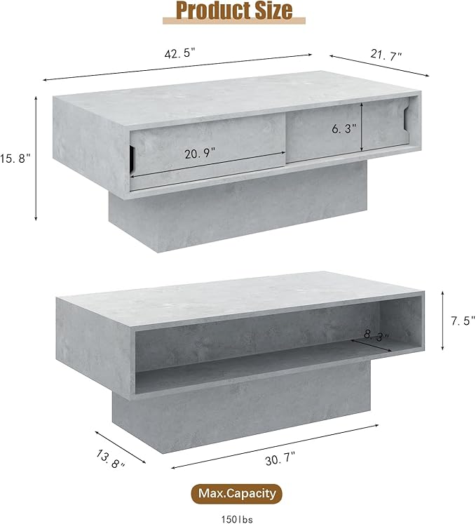 LED Coffee Table with Storage, Rectangular Center Table for Living Room, Modern High Glossy Farmhouse Grey Coffee Table with 16 Colors LED Lights, Wooden Living Room Table