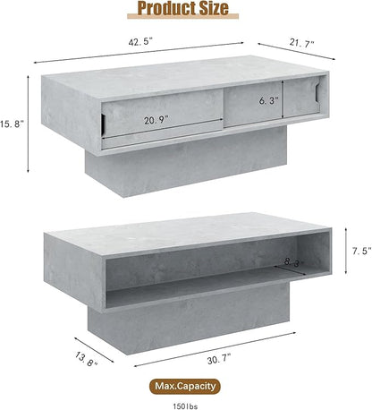 LED Coffee Table with Storage, Rectangular Center Table for Living Room, Modern High Glossy Farmhouse Grey Coffee Table with 16 Colors LED Lights, Wooden Living Room Table