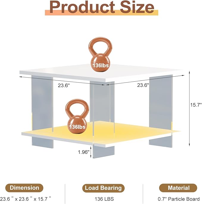 24" Acrylic Coffee Table with White Wood Tabletop, Minimalist Stylish Modern Square Center Table for Living Room,Led Living Room Table with Storage Shelf & Acrylic Frame for Small Space