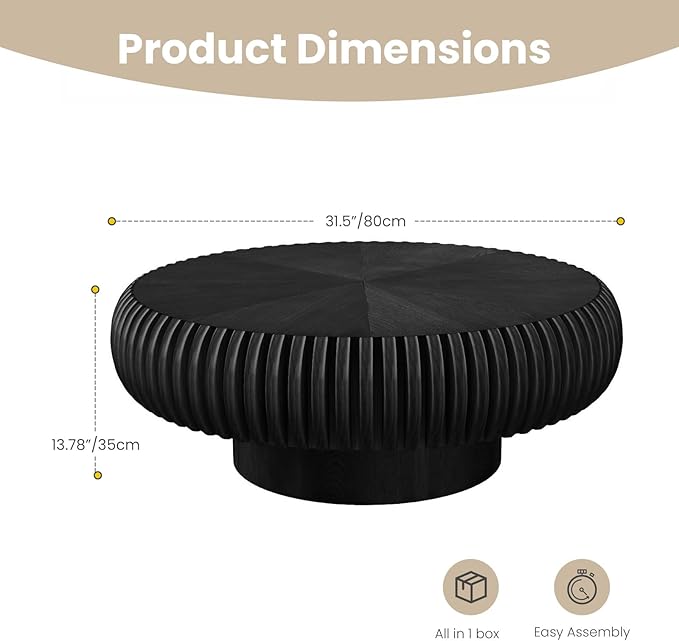 Round Fluted Coffee Table Modern Handcraft Drum Coffee Table with Sturdy Pedestal 31.5" Farmhouse Center Table Tea Table for Living Room, Reception Room, Entertainment Room (Black 31.5 inch)