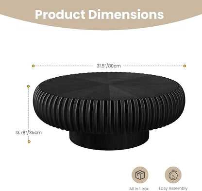 Round Fluted Coffee Table Modern Handcraft Drum Coffee Table with Sturdy Pedestal 31.5" Farmhouse Center Table Tea Table for Living Room, Reception Room, Entertainment Room (Black 31.5 inch)