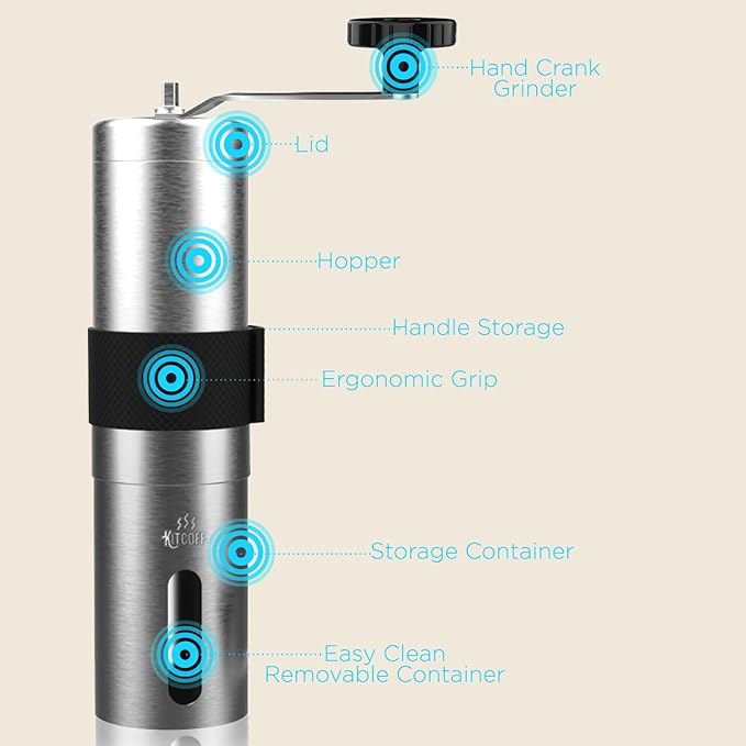 Manual Coffee Grinder — Stainless Steel Conical Burr Coffee Bean Grinder with Hand Crank, 18 Adjustable Settings, Storage Pouch and Sturdy Grip — Portable Coffee Grinder for Camping or Travel
