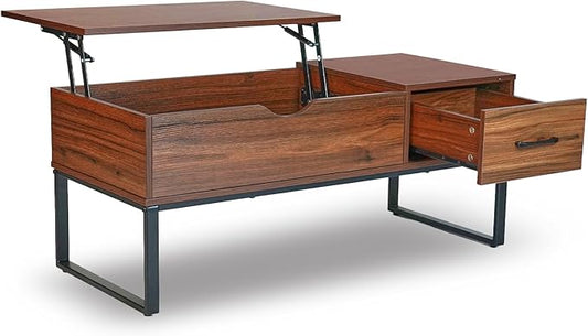 CLATINA Lift Top Coffee Table with Drawer and Hidden Compartment, Pop Up Coffee Table for Living Room, 41.7in Mid Century Modern Wood Coffee Table, Rustic Brown