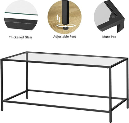 Glass Coffee Table, Modern Rectangular Coffee Table for Living Room, Minimalist Center Tea Table with Sturdy Metal Frame for Apartment, Office, Easy Assembly, 39.4 x 19.7 x 17.7 Inches, Black