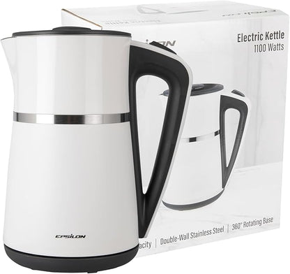 Epsilon Double Wall Electric Kettle 1100W – 1.7L Hot Water Tea Kettle & Hot Water Boiler with Auto Shut-Off, Boil Dry Protection, BPA-Free Stainless Steel Electric Teapot, Fast Boil, Cool Touch Design