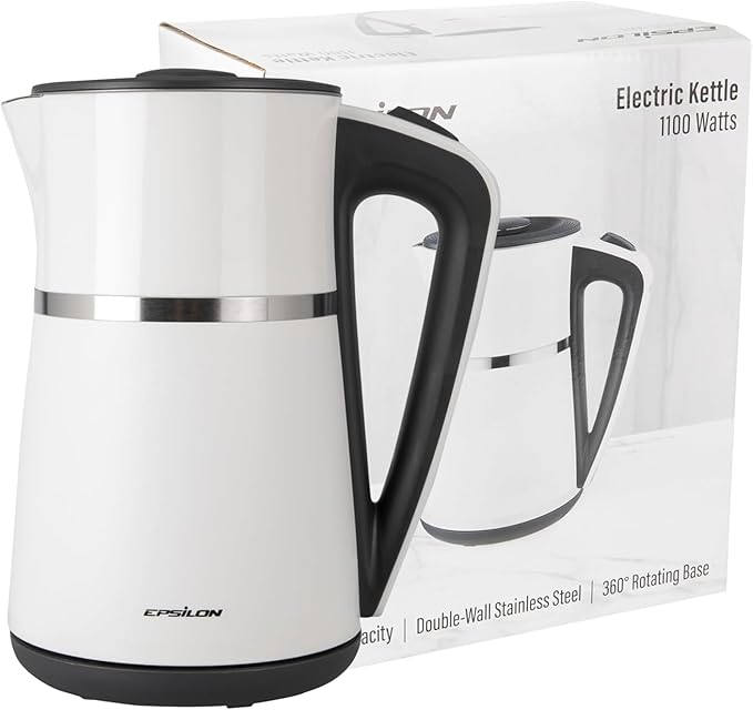 Epsilon Double Wall Electric Kettle 1100W – 1.7L Hot Water Tea Kettle & Hot Water Boiler with Auto Shut-Off, Boil Dry Protection, BPA-Free Stainless Steel Electric Teapot, Fast Boil, Cool Touch Design