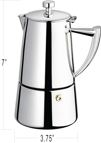 Cuisinox Moka Pot Coffee Espresso Maker – Stainless Steel Roma Stovetop Espresso Coffee Maker, Induction Compatible, Durable Long-Lasting, Dishwasher Safe, Heat-Resistant Handle, 4-Cup, 200ml, 7oz