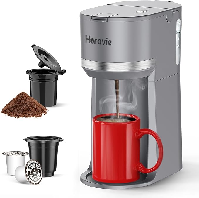 Mini Single Serve Coffee Maker for K Cup and Ground Coffee, Fast Brew One Cup Coffee Machine with Descaling Reminder and Water Window, 6 to 12 oz. Brew Sizes, Grey