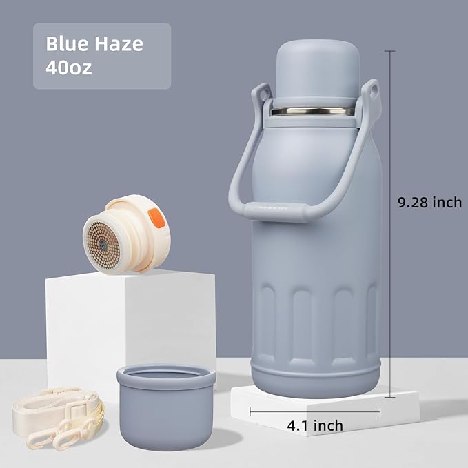 Insulated Water Bottle with Handle and Strap,Vacuum Travel Tumbler with Cup Lid,Thermo Coffee Cup for Hot Cold Drinks 40 OZ,Blue Haze