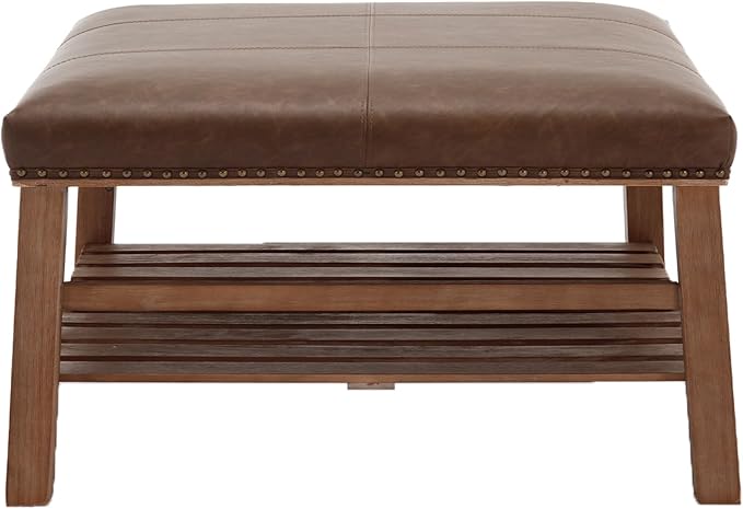 Kmax 32-Inch Dark Brown Faux Leather Coffee Table Large Square Ottoman Foot Rest Stool Upholstered Coffee Table with Wooden Shelf Storage for Living Room Office