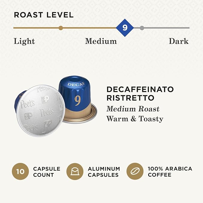 Peet's Coffee Espresso Capsules, Decaffeinato Ristretto Intensity 9 Medium Roast Coffee, 10 Count, Compatible with Nespresso Original Line System (Pack of 2)
