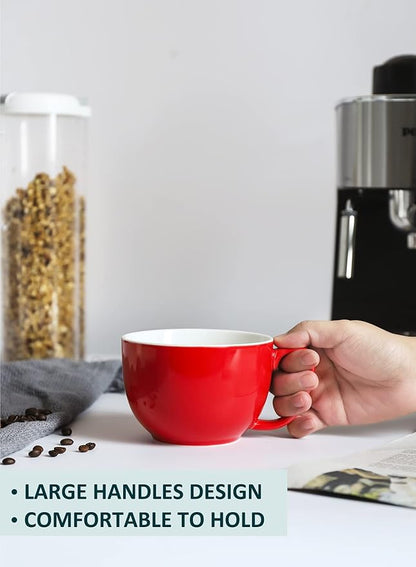 Teocera 16oz Large Coffee Mugs Set of 4 - Thick White Porcelain Cups for Cappuccino, Latte, Tea & Hot Chocolate - Dishwasher Safe Ceramic with Comfort Grip Handles (Red)