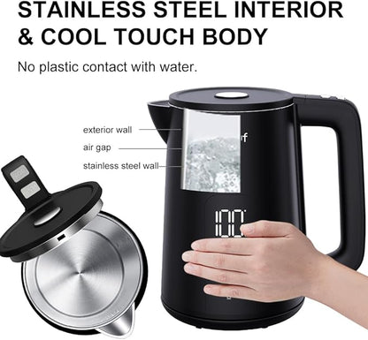 Electric Water Kettle,1.7L Double Wall Electric Tea Kettle with Temperature Control, Stainless Steel Water Boiler Heater, Digital Screen Teapot, Cordless, BPA-Free, Black