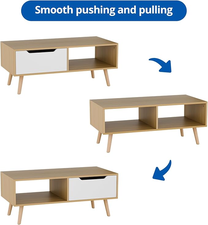 Cozy Castle Modern Wooden Coffee Table with Storage, Minimalist Hallway Mid Century Cocktail Table for Living Room Apartment Reception, Oak