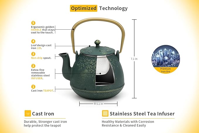 TOPTIER Japanese Cast Iron Tea Kettle with Infuser, Leaf Design Teapot Stovetop Safe Coated with Enameled Interior for 32 Ounce (950 ml), Dark Green
