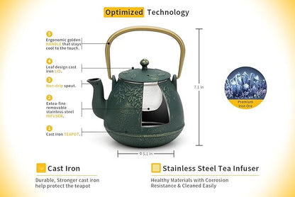 TOPTIER Japanese Cast Iron Tea Kettle with Infuser, Leaf Design Teapot Stovetop Safe Coated with Enameled Interior for 32 Ounce (950 ml), Dark Green