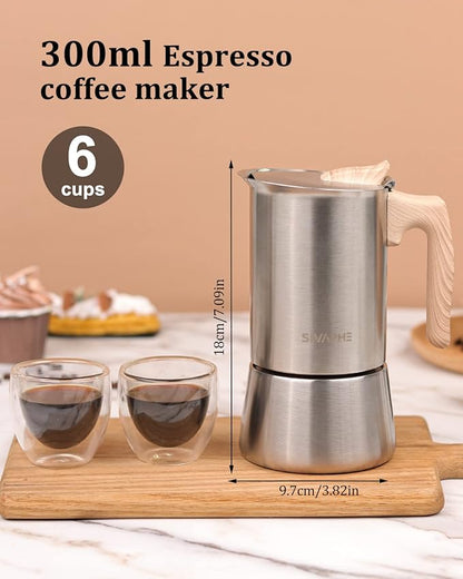 Sivaphe Stainless Steel Stovetop Espresso Coffee Maker, 6cups Espresso pot, 300ml Moka Campaing Coffee Pot, Induction Italian Mocha Pot with Step-by-step Instructions(1 Cup=50ml)