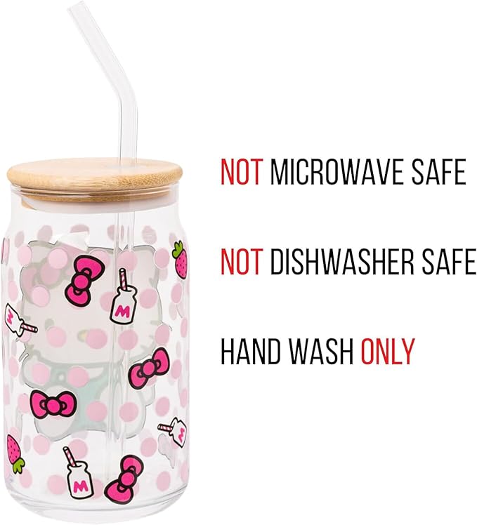 Silver Buffalo Sanrio Hello Kitty Strawberry Milk Bow Pink Polka Dot Glass Jar Tumbler with Bamboo Lid and Glass Straw, 16 Ounces