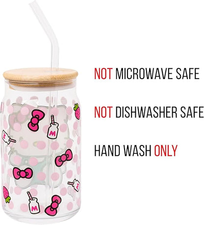 Silver Buffalo Sanrio Hello Kitty Strawberry Milk Bow Pink Polka Dot Glass Jar Tumbler with Bamboo Lid and Glass Straw, 16 Ounces