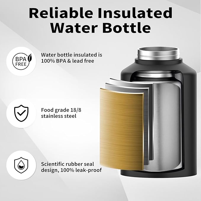 Half Gallon Water Bottle Insulated(Cold for 48 Hrs),BPA Free&Leak Proof,64oz Stainless Steel Water Jug/Flask,Big thermo,Large Water Bottle with Handle for Gym,Hiking,Camping,Black