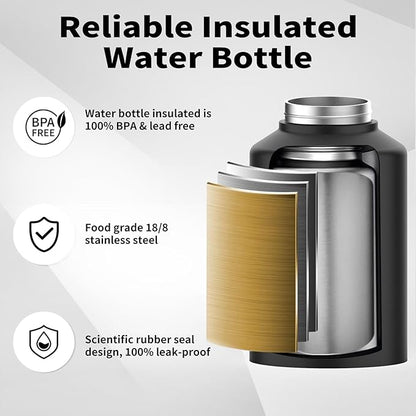 BPA Free & Leak Proof Insulated Large Stainless Steel Water Bottle with Handle (Cold for 48 Hrs), Big Thermo Jug for Gym, Hiking, Camping & Travel, Black, 128oz ( 1 gallon)