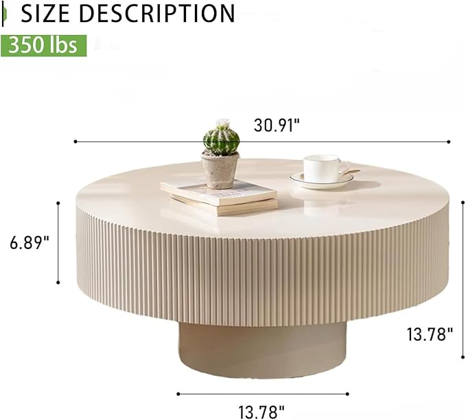 Handmade Round Fluted Drum-Shaped Coffee Table、Rustic Modern Circular Centerpiece for Living Room & Farmhouse Decor、Easy to Clean (A Off White 30.9 in)