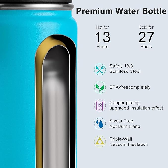 koodee Water Bottle for Kids-16 oz Stainless Steel Vacuum Insulated Sports Water Bottle for Black to School, Reuasble Metal Wide Mouth Water Flask for Girls Boys- BPA Free (Sky Blue)
