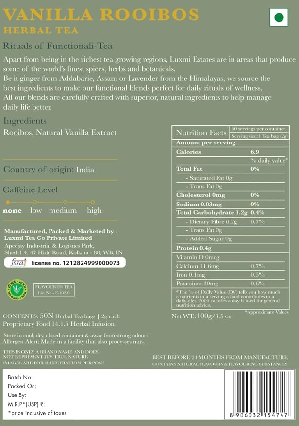 Luxmi Estates Rooibos Vanilla Organic Rooibos Tea (50 Tea Bags) Caffeine Free Tea Bags For Relaxing, Calming, and Stress Relief, With Certified Organic Herbal Tea