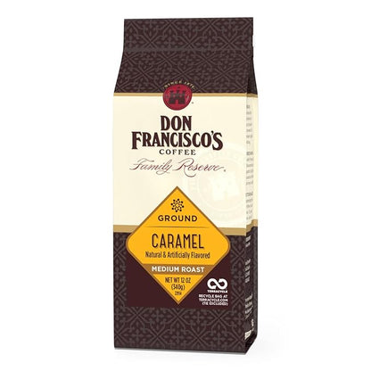Don Francisco's Premium Caramel Flavored Medium Roast Ground Coffee - 100% Arabica Beans, Perfect for Drip, Pour Over, and French Press - Carefully Sourced, Family-Crafted Since 1870 (12 oz Bag)