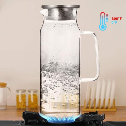BOTTLE BOTTLE Glass Pitcher with Lid and Handle 50 oz/1500ml Water Pitcher for Ice Tea and Homemade Juice Heat Resistant Borosilicate Glass Carafe for Hot/Cold Water