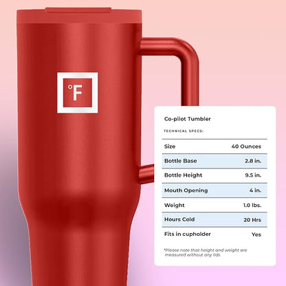 IRON °FLASK Co-Pilot Insulated Mug w/Straw & Flip Cap Lids - Cup Holder Bottle for Hot, Cold Drink - Leak-Proof- Water, Coffee Portable Travel Tumbler - Fire Red, 40 Oz