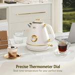 Load image into Gallery viewer, Hazel Quinn Retro Electric Kettle - 1.7 Liters / 57.5 Ounces Tea Kettle with Thermometer, All Stainless Steel, 1200 Watts Fast Boiling, BPA-free, Cordless, Automatic Shut Off - Pearl White