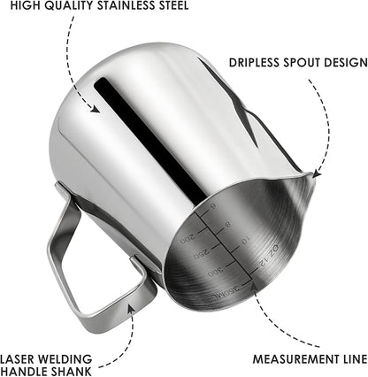 Milk Frothing Pitcher, Espresso Steaming Pitcher 12oz,Espresso Machine Accessories,Stainless Steel Milk Coffee Cappuccino Barista Steam Pitchers Milk Jug Cup with Decorating Pen Latte Art