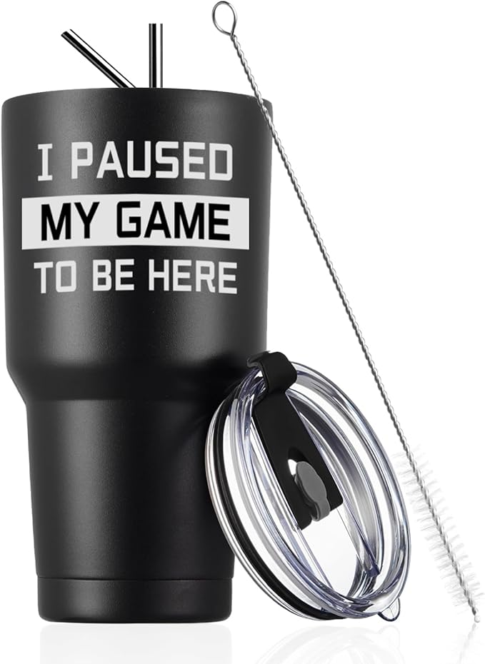 COMOOO I Paused My Game To Be Here Gifts for Teen Boys Girls Gamers, 30 oz Black Insulated Stainless Steel Tumbler with Lid, Funny PC Gamer Humor Joke for Husband Kids Teens Boyfriends Mug Cup