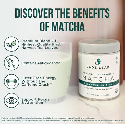 Jade Leaf Matcha Organic Green Tea Powder - Teahouse Edition - Premium First Harvest Ceremonial Grade - Authentic Japanese Origin (3.53 Ounce Pouch)