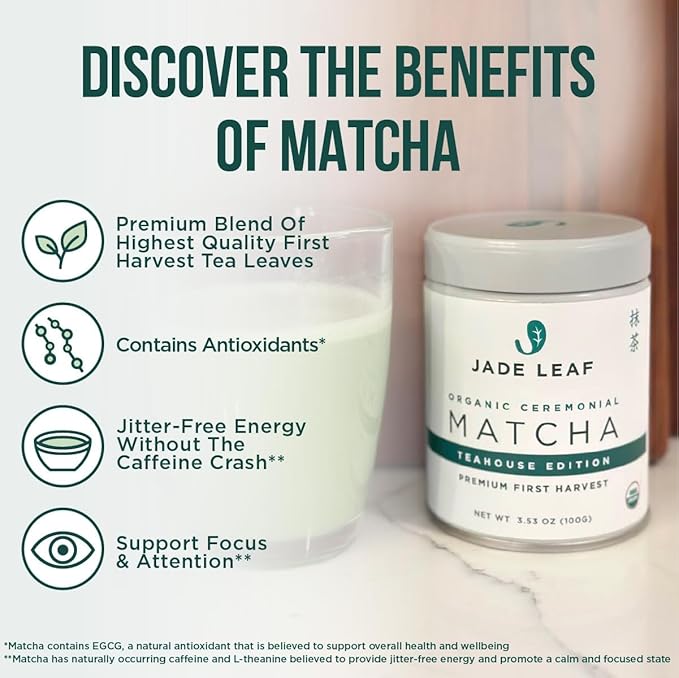 Jade Leaf Matcha Organic Green Tea Powder - Teahouse Edition - Premium First Harvest Ceremonial Grade - Authentic Japanese Origin (3.53 Ounce Pouch)