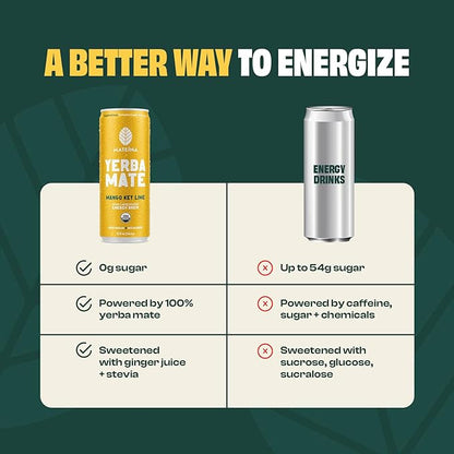Mateina Yerba Mate Zero Sugar Energy Drink – 120mg Natural Caffeine – Organic, Non-GMO, Non-Carbonated – Dr. Andrew Huberman Recommended – 12 Pack (12oz Cans) (12 Pack, Mango Key Lime)
