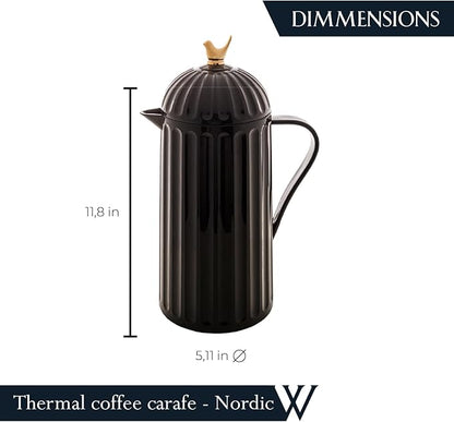 WOLFF - Bird Thermal Coffee Carafe - Hot or Cold Drinks, Plastic Exterior and Glass Insulation Lining Flask Coffee Dispenser, Thermal Bottle for Beverages, Tea and Water Pitcher- Black, 34floz/1L