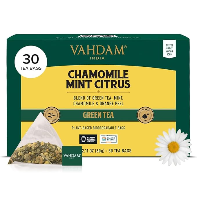 VAHDAM, Chamomile Mint Citrus Green Tea Bags (30 Count) Low Caffeine, Non GMO, Gluten Free | Sweet & Floral | Resealable Ziplock Pouch | Individually Wrapped Chamomile Tea Bags