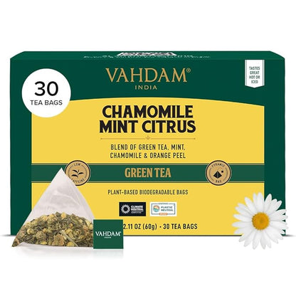 VAHDAM, Chamomile Mint Citrus Green Tea Bags (30 Count) Low Caffeine, Non GMO, Gluten Free | Sweet & Floral | Resealable Ziplock Pouch | Individually Wrapped Chamomile Tea Bags