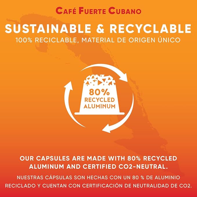 Café Fuerte Cubano, Aluminum Espresso Capsules, Compatible with Nespresso Original Machines, Dark Roast, Intensity 13, High Caffeine, Recyclable Coffee Pods, Roasted and Packaged in USA (80 Count)