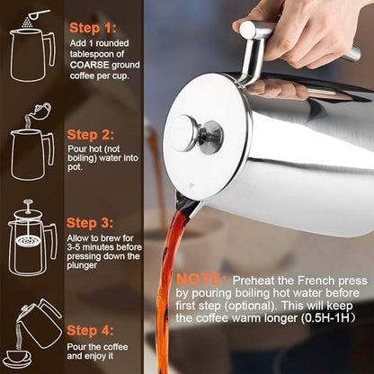 Secura French Press Coffee Maker, 34-Ounce, 304 Stainless Steel Insulated Coffee Press with Extra ScreenSecura French Press Coffee Maker, 34-Ounce, 304 Stainless Steel Insulated Coffee Press with Extra Screen