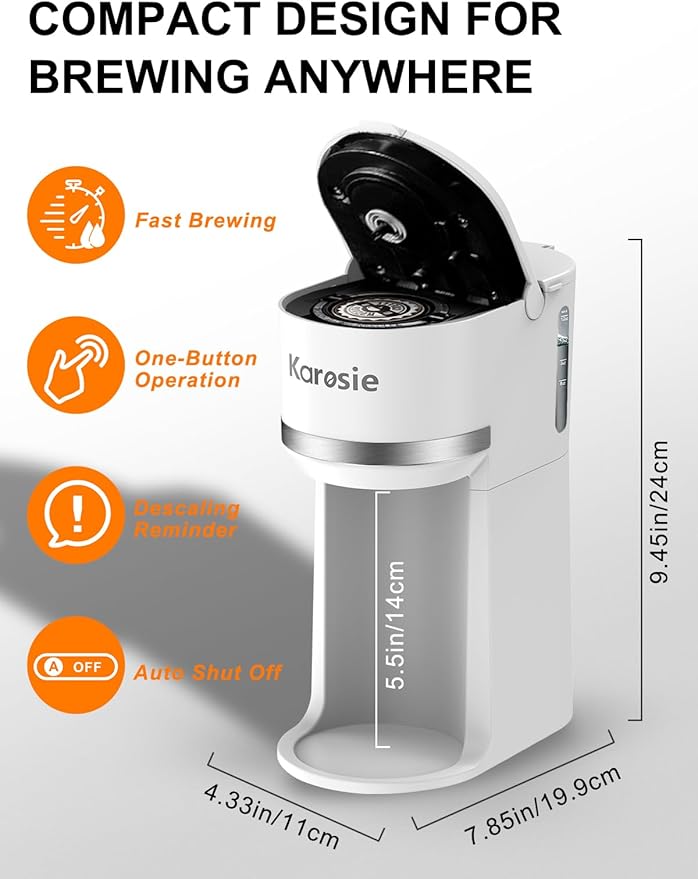 Single Serve Coffee Maker for K-Cup and Ground Coffee, Fast Brew, 6-12 oz Brew Sizes One Cup Coffee Machine Fits 5.5" Mugs, One-Button Small Coffee Maker with Descaling Reminder,White