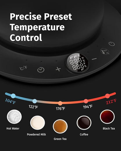 0.8L Gooseneck Electric Kettle, Precise Temperature Control for Pour Over Coffee & Tea, 1200W Fast Boiling Water, Auto Shut Off, Scheduling, Stainless Steel, Black