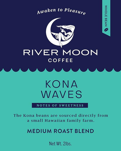River Moon Coffee, Kona Coffee Whole Bean, Medium Roast, 2 lbs, Kona Waves Hawaiian Blend, Sustainably Farmed, 100% Arabica