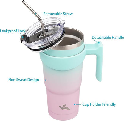 20 oz Tumbler with Handle and 2 Straw 2 Lid, Insulated Water Bottle Stainless Steel Vacuum Cup Reusable Travel Mug,Gum