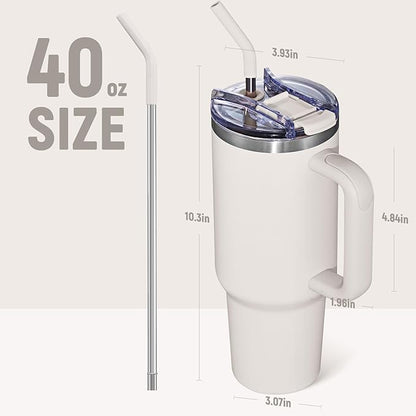 COKTIK 40 oz Tumbler With Handle and Straw Lid, Vacuum Insulated Travel Coffee Mug Stainless Steel Insulated Cup for Beverages, Leak-proof, Cupholder Friendly (Beige)