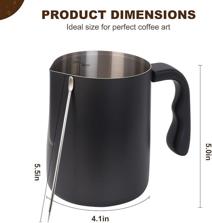 Milk Frothing Pitcher, 32OZ/1000ML Stainless Steel Coffee Frother Cup - Espresso Steaming Pitcher with Latte Art Pen for Barista-Style Coffee Making & Milk Frothing
