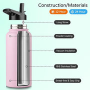 DOMICARE 32 oz Insulated Water Bottle, Vacuum Insulated Stainless Steel Sports Water Bottle with Straw Lid & Spout Lid, Leakproof, Reusable - Travel, Camping, Bike, Pink