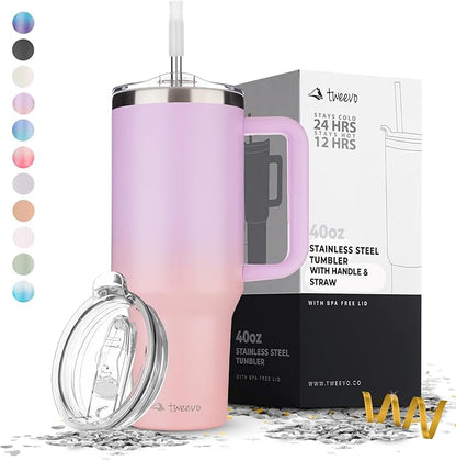 40 oz Tumbler With Handle and Straw Made of Stainless Steel - Double Wall Vacuum Insulated Tumbler With Lid - Sweat Proof Easy Grip, BPA-Free, Dishwasher Safe Tumbler (Gradient Purple)